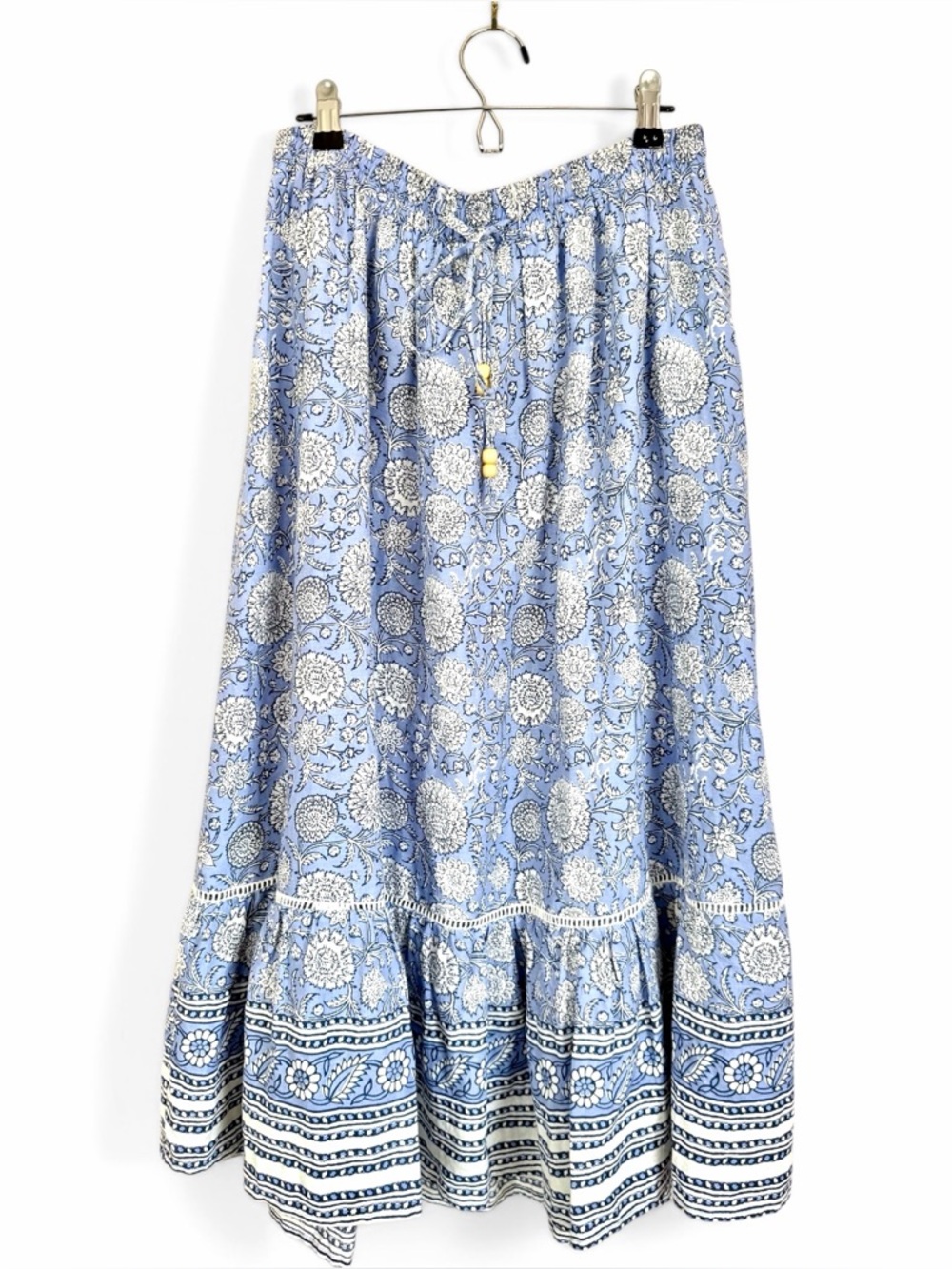 Vince Blue Floral Linen Blend Midi Skirt Size 8 Boho Tiered Drawstring Waist